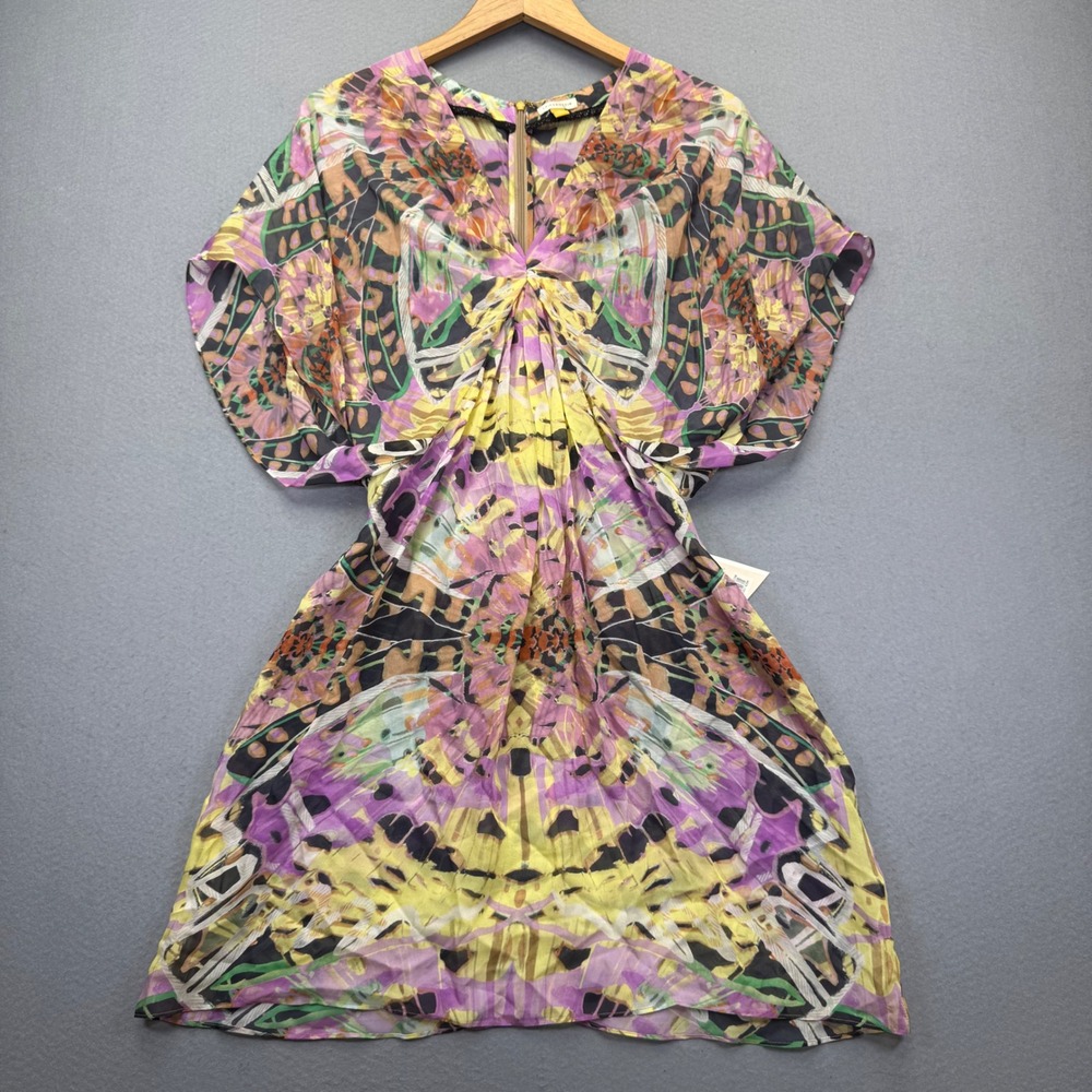 Leifsdottir Womens 100% Silk Butterfly Print V-Neck Dress Green‎ Butt 8 NWT